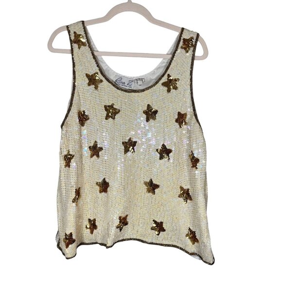 Vintage Silk Sequin Tank L Cream Beaded Glam Star Old Money Classic Mod - Picture 1 of 11